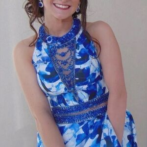 Rachel Allan Blue Floral Beaded Two-Piece Prom Dress